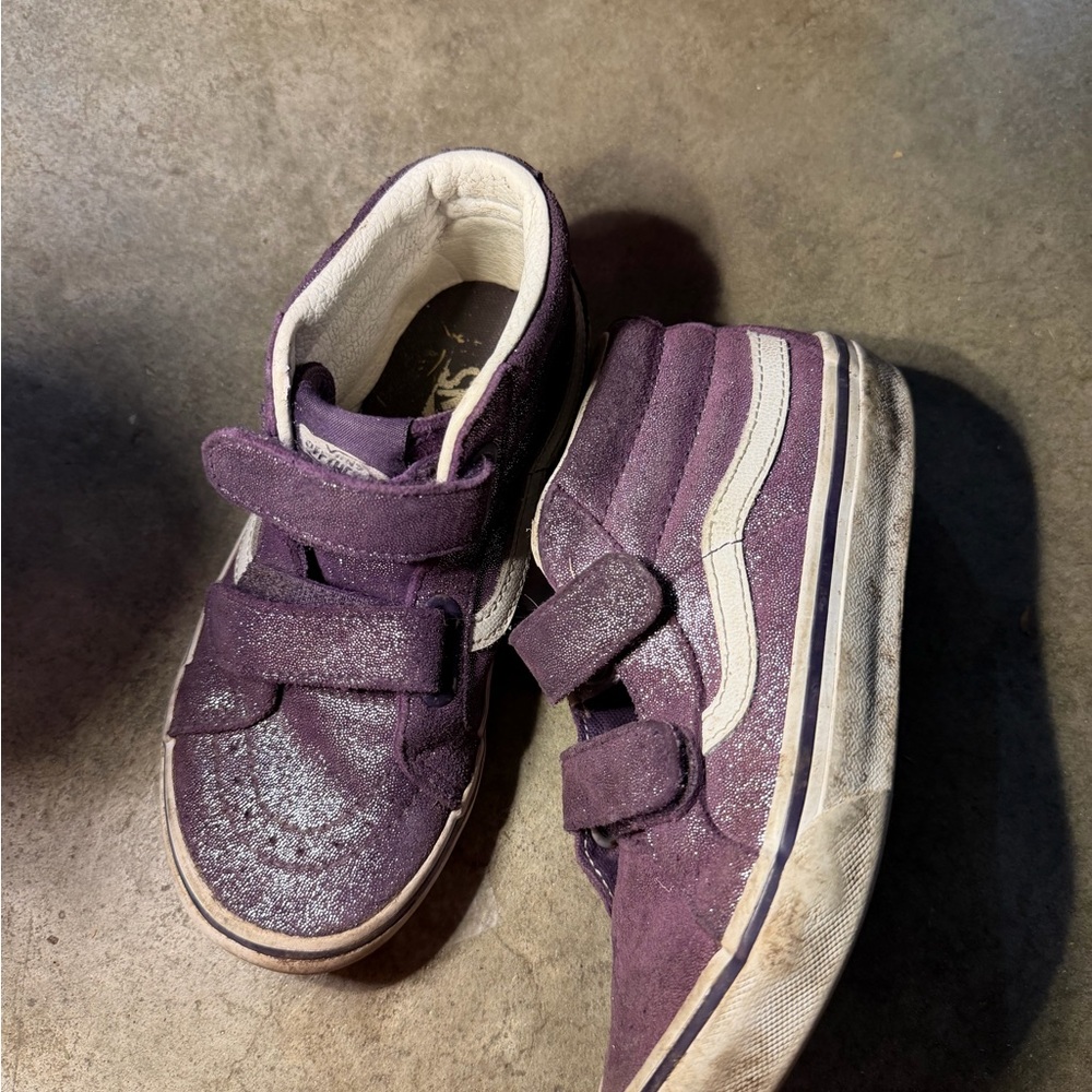 Vans Kids Purple Velcro Skate Shoes with White Stripe
